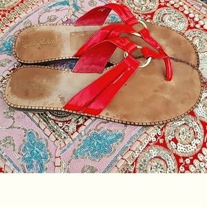 Lilly Pulitzer McKim red patent leather sandal. Rubber tread.